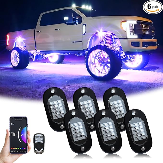 YiLaie RGB LED Rock Lights, with Phone App/Remote Control & Timing & Music Mode Rock Lights Kits, Waterproof Underglow Light for Jeep ATV RZR UTV SUV Off Road AUTO Motorcycle (6 Pods)
