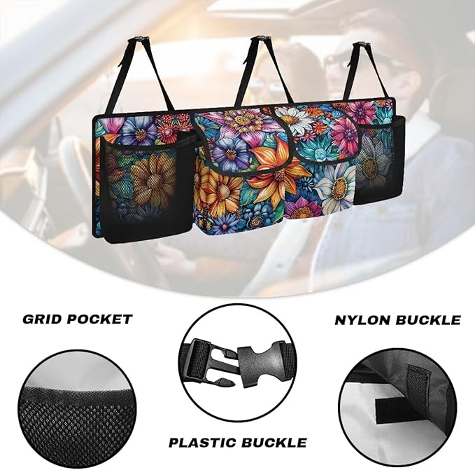 Boho Floral Blossoms Trunk Organizer Car Women Large Capacity Hanging Car Organizer Collapsible Cargo Bag,Easy to Install