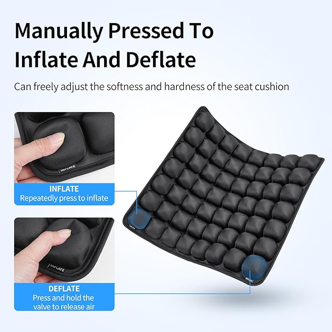 Inflatable Seat Cushion for Car - Adjustable Air Pressure Travel Cushion for Long Flights, Office Chairs, and Travel - Portable 17.7x15.7 Inches - Black