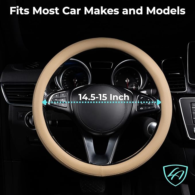 Lord Autofashion Steering Wheel Cover – PU Leather, Non-Slip Rubber Inner, All-Season Comfort – 14.5–15 Inch (Beige 8397)