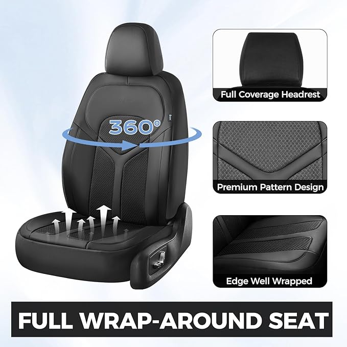 FLORICH Car Seat Covers Front Seat, Universal Seat Cover 2 Seats, Automotive Seat Covers with Mesh Leather, Waterproof Car Seat Protector, Breathable Car Seat Cushion for Most Car SUV Truck, Black