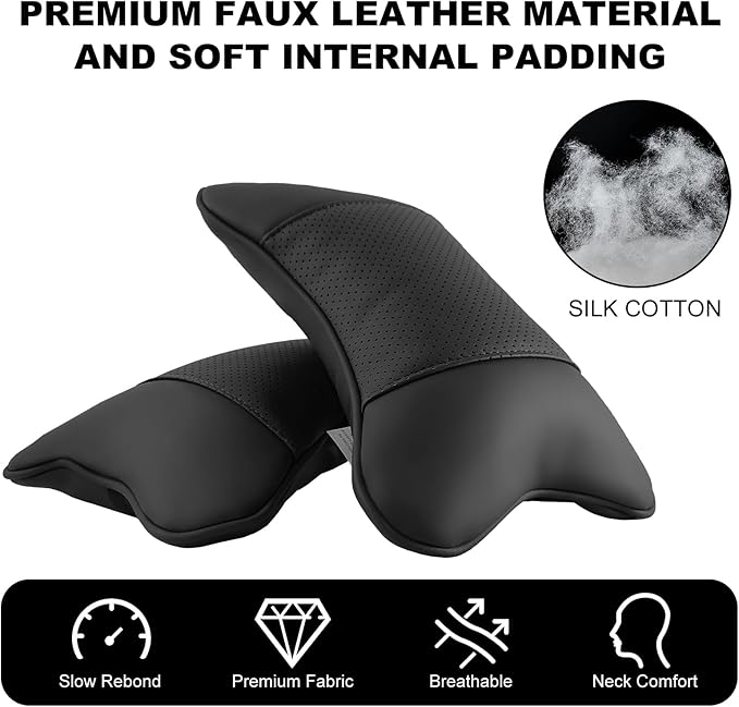 2 Pack Car Neck Pillow PU Leather Automotive Headrest Pillow for Car Support Neck Pain Relief Universal Car Pillow (Black)