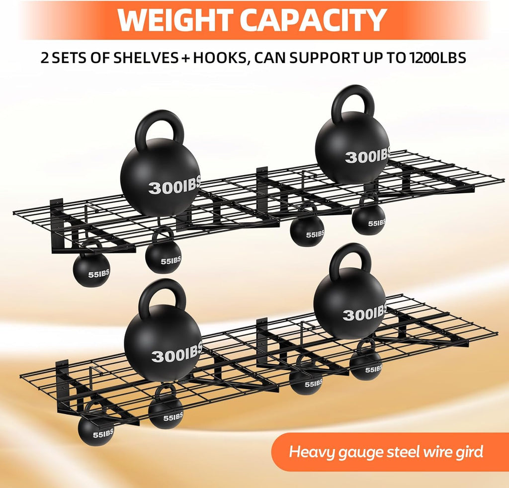 2-Pack 2x6ft Garage Wall Shelf, 72 inch Floating Shelf with 8 Bike Hooks, 1200 lbs Load Capacity Storage Shelves, Heavy Duty Metal Wall Mounted Shelves for Kitchen Laundry Workplace