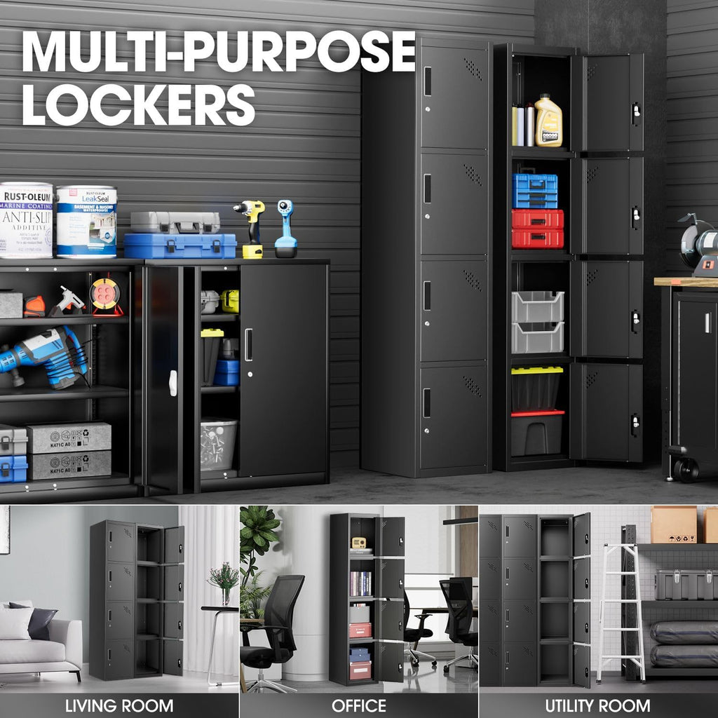 DNA MOTORING Metal Storage Cabinet for Employees with Keys, 71" Employees Metal Locker with 4 Doors, Tall Storage Lockers for Garage,Office,Home,Gym, Black, TOOLS-00790-BK-BK