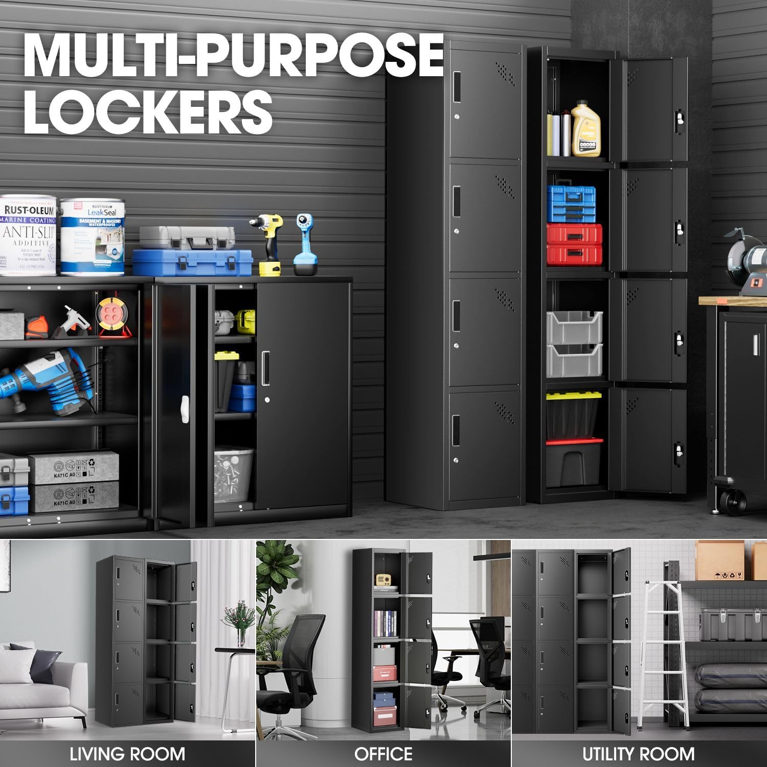 DNA MOTORING Metal Storage Cabinet for Employees with Keys, 71" Employees Metal Locker with 4 Doors, Tall Storage Lockers for Garage,Office,Home,Gym, Black, TOOLS-00790-BK-BK