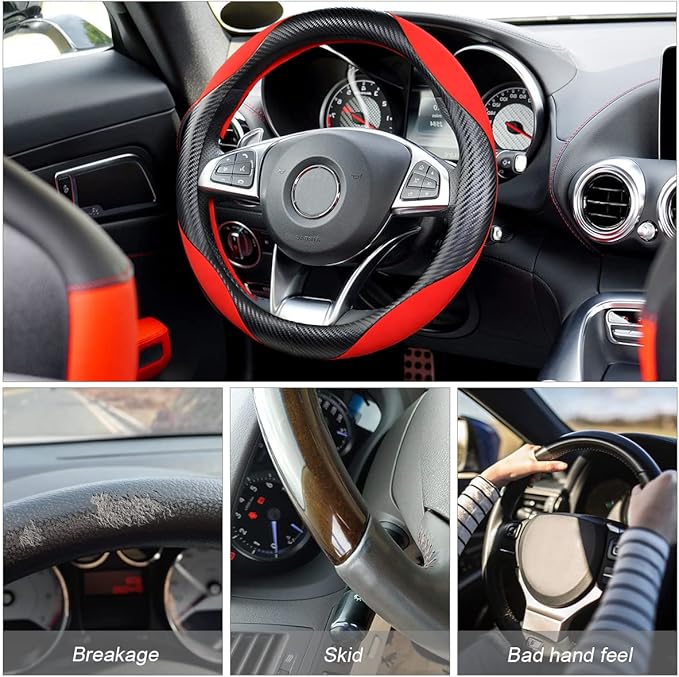 Steering Wheel Cover for Women and Men, Carbon Fiber Plush Steering Wheel Cover Soft Anti-Slip Comforting, Universal 15 Inches Steering Wheels Accessories (Carbon Fiber Black/Red)