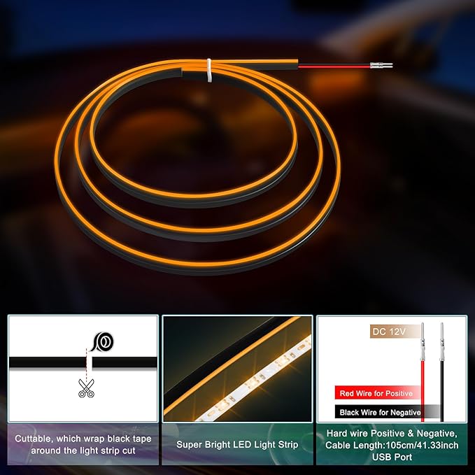 Acrylic Interior Car LED Strip Light with 6mm Sewing Edge - 43.3 inches Ambient Lighting Kits, Neon LED Strip Light(110CM/43.3IN, Orange)