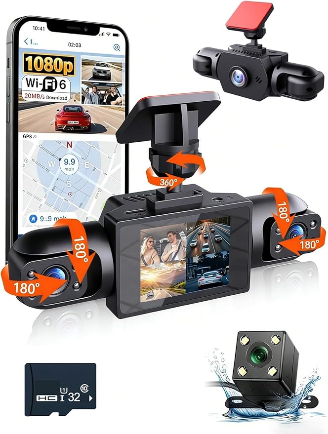 Full View Car Dashcam Wireless System 360 Car DVR WiFi 4 Channel Dash Cam Video Recorder Camera for Cars, Front and Rear Inside with Infrared Lamps Night Vision (32G)