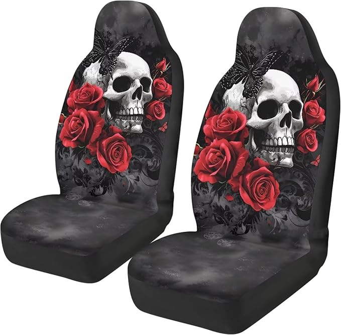 Skull Red Rose Car Seat Covers Set of 2 Breathable Front Seat Covers Stretch Polyester Fabric Cover Soft Front Seat Cover Universal Fit for Auto Truck Van SUV