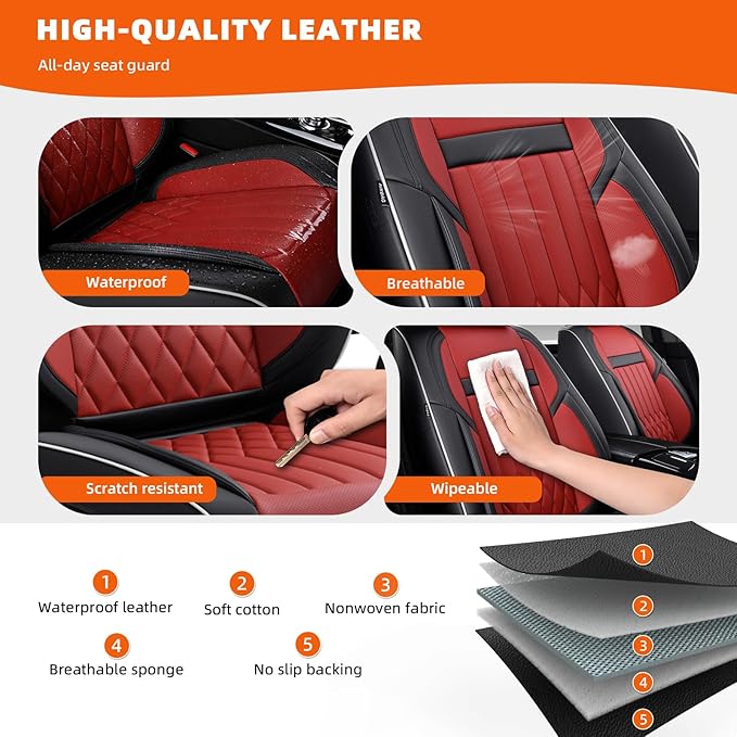 KEYOOG 5-Seater Waterproof and Breathable Nappa Leather Car Seat Covers Full Set, Fit for Front and Rear Seats of Cars, Compatible with Airbags, Car Seat Protector Covers for Most Cars - Black Red