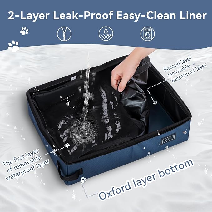PETSFIT Portable Travel Cat Litter Box with Lid – Collapsible, Leak-Proof & Washable 2-Layer Lining, Sturdy Support Frame, for Hotel/Car/Camping, Cat Travel Essentials for Kitty/Medium Cats Light Blue