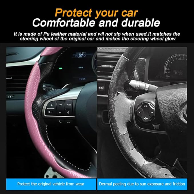 Mandark 3PCS Carbon Fiber Car Steering Wheel Cover, Anti-Skid Leather Vehicle Segmented Steer Wheel Protector, Auto Interior Protection Guard Accessories, Universal for Most Cars (Pink)