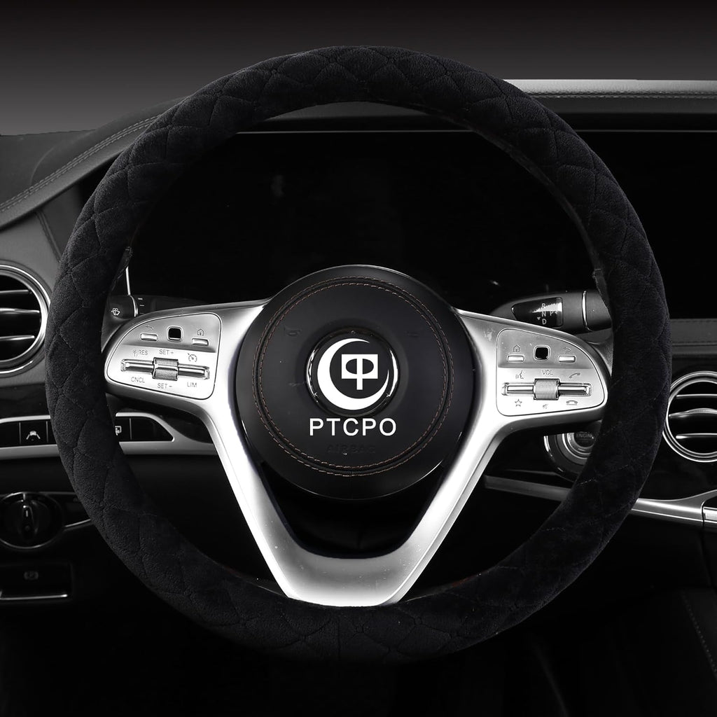 Soft Car Steering Wheel Cover for Sedan, SUV, Warm Luxury Velvet, Odorless, Universal, Anti Slip, Summer Winter, Black, Large Size[15" 1/2-16"](39-41cm)
