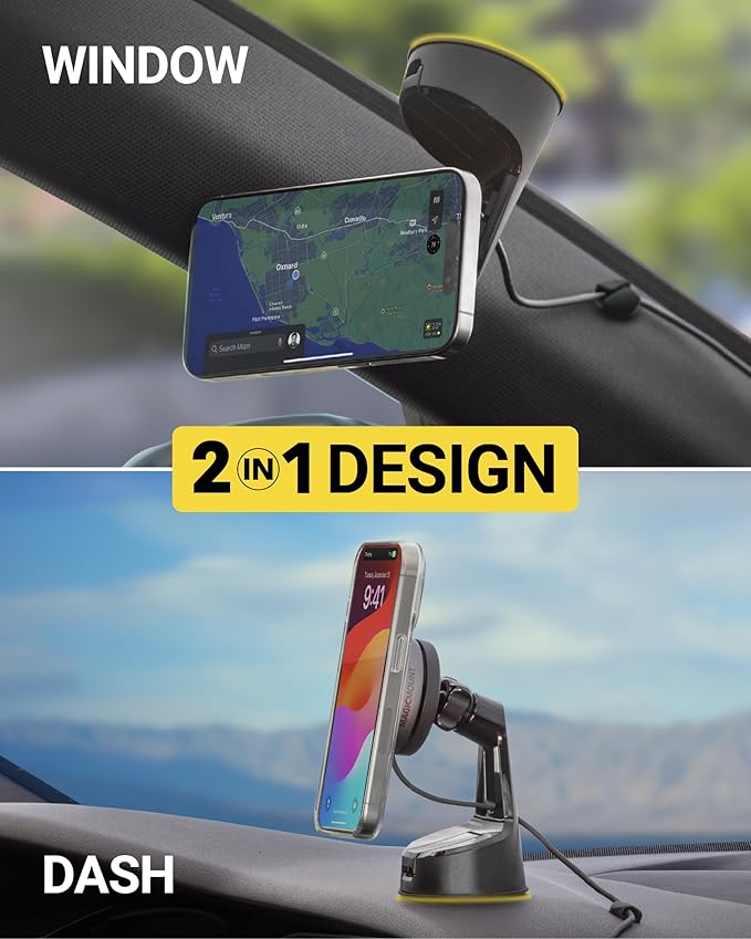 Scosche Qi2 MagSafe Car Mount, 15W Wireless Charging Suction Cup Phone Mount, Magnetic Windshield/Dashboard Cell Phone Holder with Fast USB-C Car Charger Compatible with iPhone 16/15/14/13/12, S25
