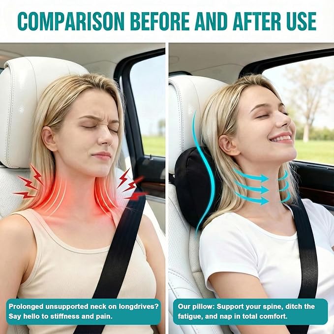 2PCS Car Pillow for Car Neck Pillow for Driving Seat Neck Support Soft Cushion Back Support Head-Rests for Vehicle Sleeping with Elastic Adjustment Strap (Green, Head and Lumbar)