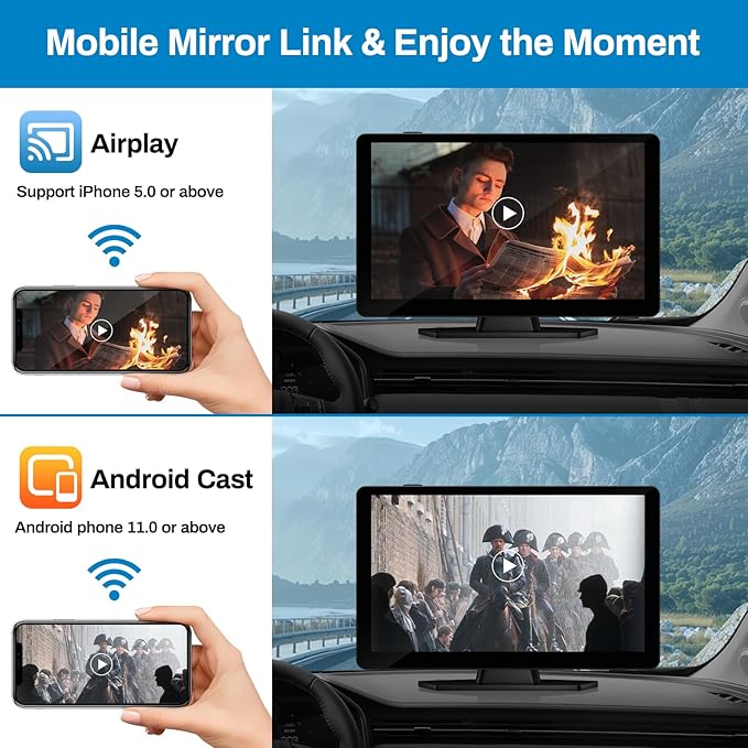 BOXGVO Wireless Carplay Screen for Car with 4K Dash Cam, 9" Portable Carplay & Android Auto, Car Touchscreen with 1080p Backup Camera, GPS/Voice Control/FM//Mirror Link/Bluetooth
