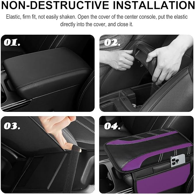 NBTEPEM Purple Center Console Cover, Sporty Leather Armrest Cover Cushion with 2 Storage Pockets, Universal Auto Middle Console Protector, Car Interior Accessories for Most SUV, Truck, Sedan Vehicles