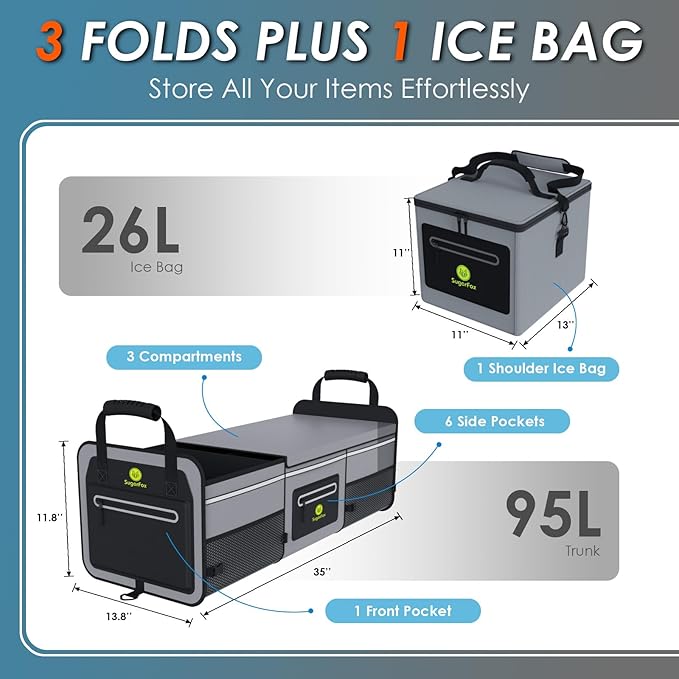 SugarFox 95L Car Trunk Organizer & Storage With 26L Ice Pack, Waterproof Foldable | Trunk Organizers for SUVs & Cars, Car Storage Organizer, Great Gift for Drivers (Gray-M004)
