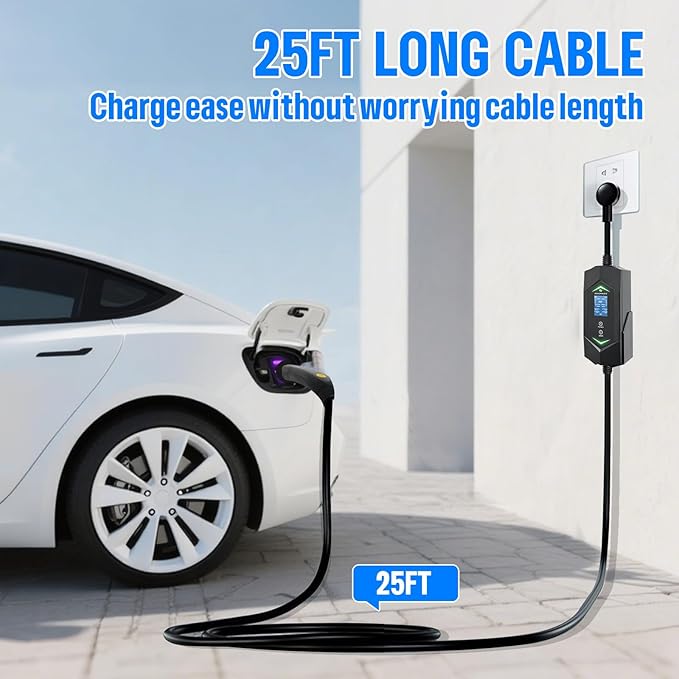 Level 2 Ev Charger for Tesla,40A 9.6KW Fast,NACS Ev Charger with 25ft ETL Listed Cord,6A-40A Adjustable Amps,Charging(110v-240v),NEMA 14-50 Plug,IP66 Waterproof Delay Timer LCD Display