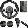 Vintage American Flag Car Interior Accessories Military Green Car Steering Wheel Cover Cup Coaster Handbrake Gear Cover Suit for Truck Vans SUV 6pcs