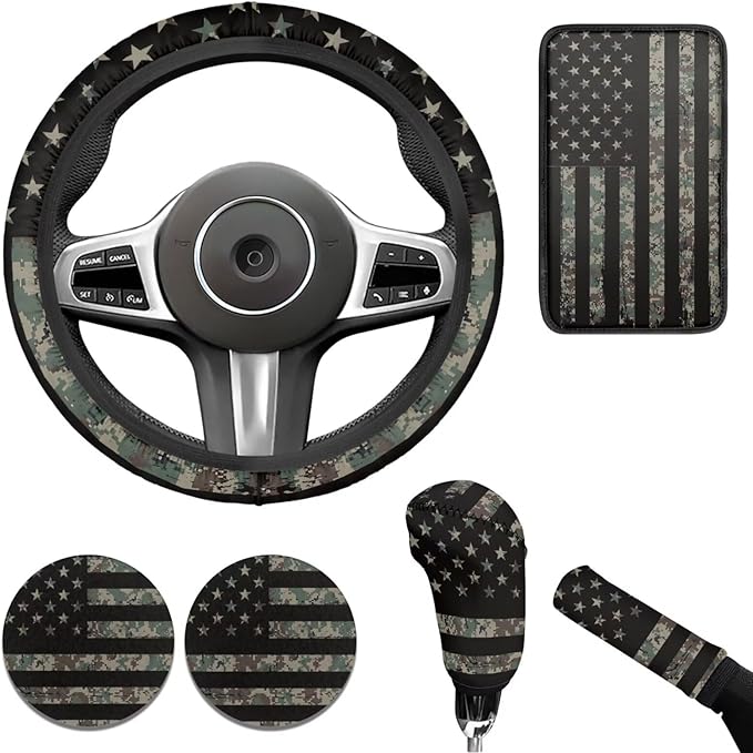 Vintage American Flag Car Interior Accessories Military Green Car Steering Wheel Cover Cup Coaster Handbrake Gear Cover Suit for Truck Vans SUV 6pcs