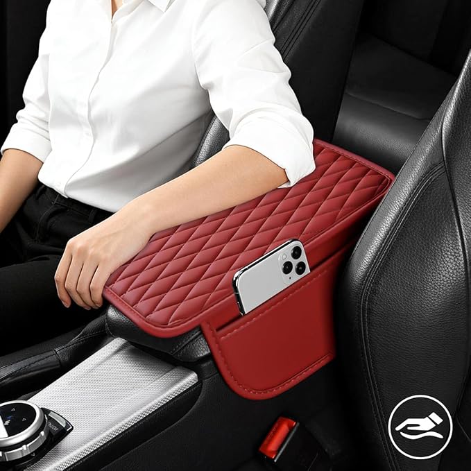 Car Armrest Cushion Pad, Leather Vehicle Center Console Cover with 2 Storage Bags, Non-Slip Automotive Interior Arm Rest Seat Box Cover Accessories, Universal for SUV RV Sedan (Rose Red)
