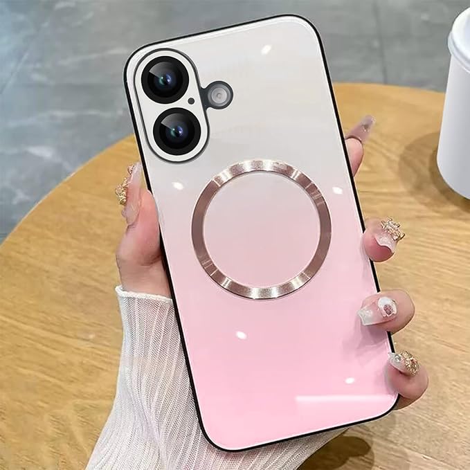 Guppy Compatible with iPhone 16 Case Magnetic, with Full Camera Lens Protector [Compatible with MagSafe] Scratch Resistant Gradient Glass Back Cover Phone Case-Pink