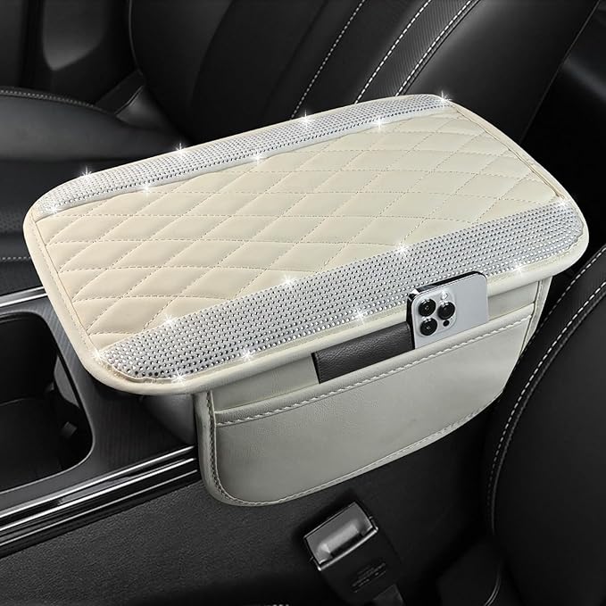 NBTEPEM Bling White Car Center Console Cover, Leather Car Arm Rest Cover with 2 Storage Bags, Universal Auto Armrest Protector Storage Box, Bling Accessories Interior for Most Vehicles