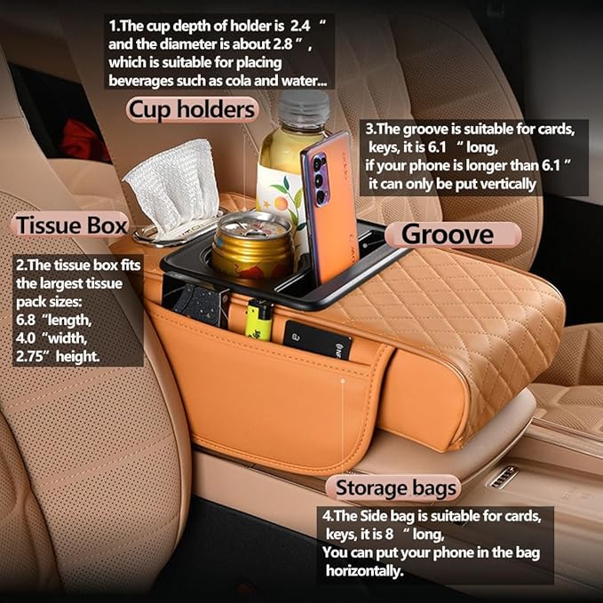 Car Armrest Cushion for SUV with Cup Holder 2.75" Height,5-in-1 Center Console Cover with 2 Storage Bags, Tissue Box Slot, Phone Slot for Sedans, Car Accessories Interior Organizers (Beige)