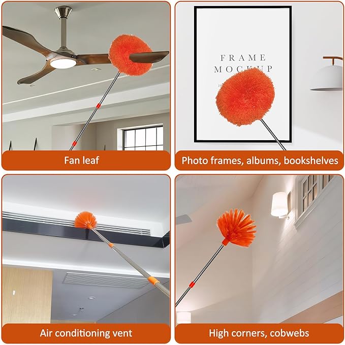 20+ Feet High Reach Dusting Kit, Cobweb Duster & Ceiling Fan Duster with 3-14 ft Extension Pole for Cleaning, Microfiber Feather Duster Cleaner for Cleaning Walls Bookshelves Furniture Door Window
