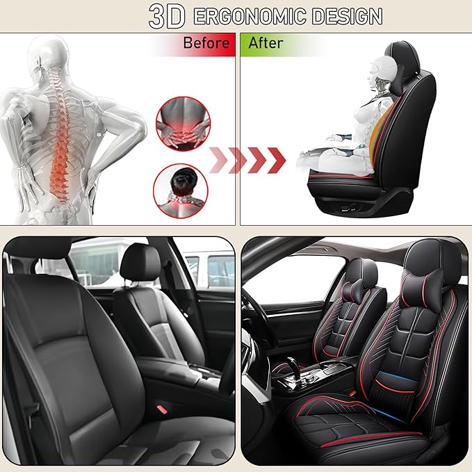 Leather Car Seat Covers Fit for Toyota Camry Solara 2004-2008, 5 Seater Car Seat Cover, Premium Waterproof, Scratch Resistant Car Interior Accessories (Full Set with Pillow Black Red)