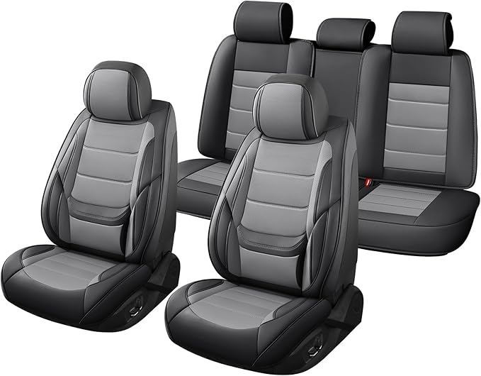 Car Seat Covers Full Set Custom Fit for Chevrolet/Chevy Malibu 2000-2025 2026 - Premium Faux Leather with Lumbar Support, Breathable, Waterproof, Anti-Slip, Easy to Install (Black&Gray, Full Set)