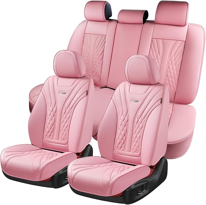 Coverado Car Seat Covers Full Set, 5 Seats Front Seat Cover and Back Seat Covers for Cars, Automotive Seat Covers Nappa Leather Waterproof Seat Covers, Car Seat Protectors Universal for Cars Pink