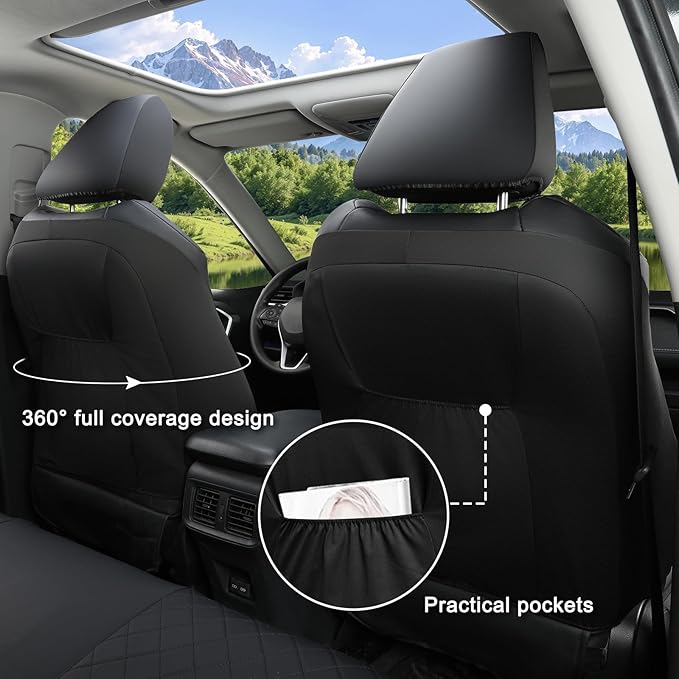 GIANT PANDA Full Set Car Seat Covers Custom Fit for Toyota Rav4 2019 2020 2021 2022 2023 2024 2025 Rav 4 Hybrid (XLE/LE/XLE Premium/Limited), Front & Rear/Back Accessories, Faux Leather (Black)