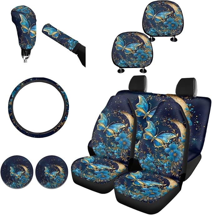 FKELYI Floral Butterfly Car Interior Set - 10 Pack Cushions, Headrests, Gear Shifter, Handbrake & Steering Wheel Covers with Cup Coasters
