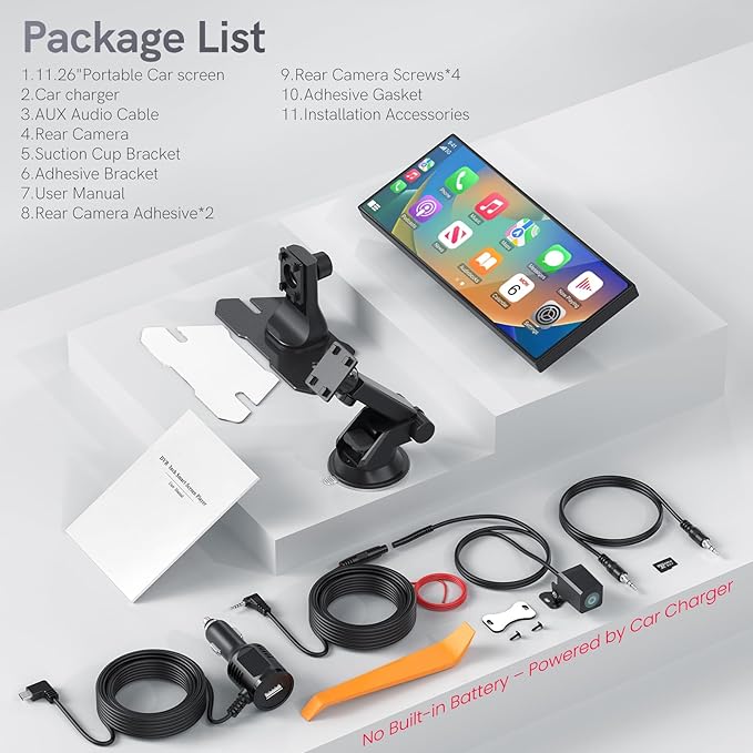 Portable CarPlay Screen for Car,Car Stereo with Apple CarPlay & Android Auto,Incell Touch Screen,4K Dash Cam,1080P Backup Camera,Mirror Link, Voice Control, Bluetooth 5.3,GPS,FM (11.26 Inch)