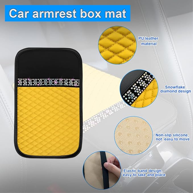 Car Center Console Cover, PU Leather Armrest Seat Box Protector Pad, Car Middle Console Armrest Cushion, Universal Auto Interior Decor Accessories for Most Vehicle, Truck, SUV (Yellow)