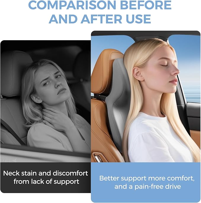 BEBAS Car Headrest Pillow, Ergonomic Neck Pillow with Memory Foam, Enlarged Surface for Head Neck Shoulder Support, Breathable Removeable Car Seat Pillow for Pain Relief(Gray, 1 Pack)