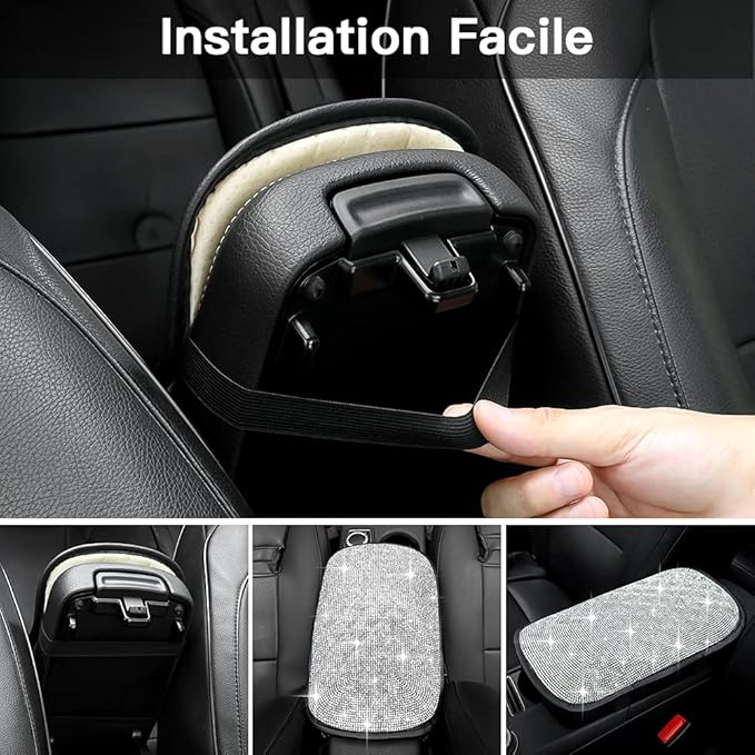 SAVORI Bling Car Armrest Cover Diamond Rhinestone Auto Center Console Cover Protector Arm Rest Cushion Pads Universal Bling Car Accessories for Women Girl Cute Vehicle Interior Decor (White)