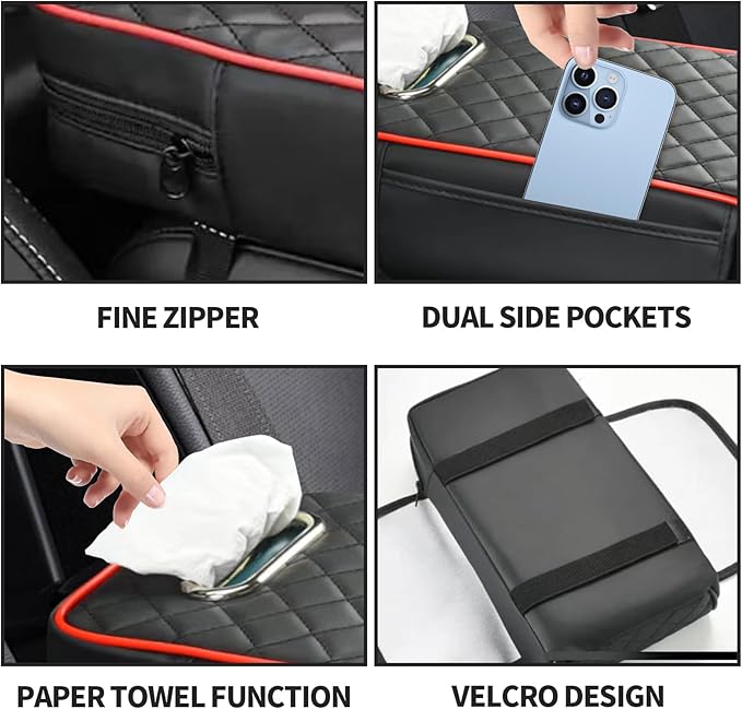 Car Center Console Cover, Leather Car Armrest Box Pad with Pocket and Tissue Box Arm Rest Cushion Universal Car Seat Box Cover Car Interior Accessories for SUV/Truck/Vehicle (Black+Red)