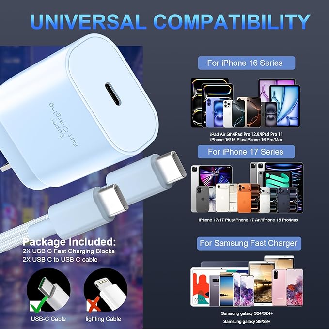 Phone 16 15 Charger Fast Charging,30W Type C Chargers USB C Charge Block with 2 Pack 10FT USB C Cable Nylon Braided for Phones 16/16 Plus/16 Pro/16 Pro Max/Phone 15/15 Pro Max/Pad Pro/AirPods,Blue