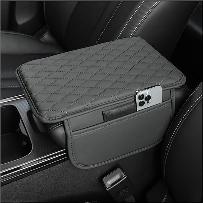Upgraded Center Console Cover, Microfiber Leather Armrest Cover Cushion With 2 Storage Bags, Universal Car Armrest Storage Box Interior Accessories for Most Vehicles (Gray)
