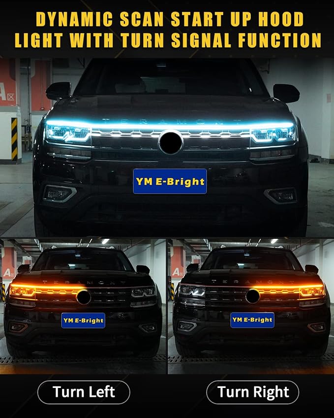 Dynamic Scan Start Up Hood Light Strip Sequential Flowing Turn Signal Lights Flexible Car Led Light Strip Exterior DRL Daytime Running Light,Dual Color Amber Ice Blue Switchback 12V 70inch (1Set)
