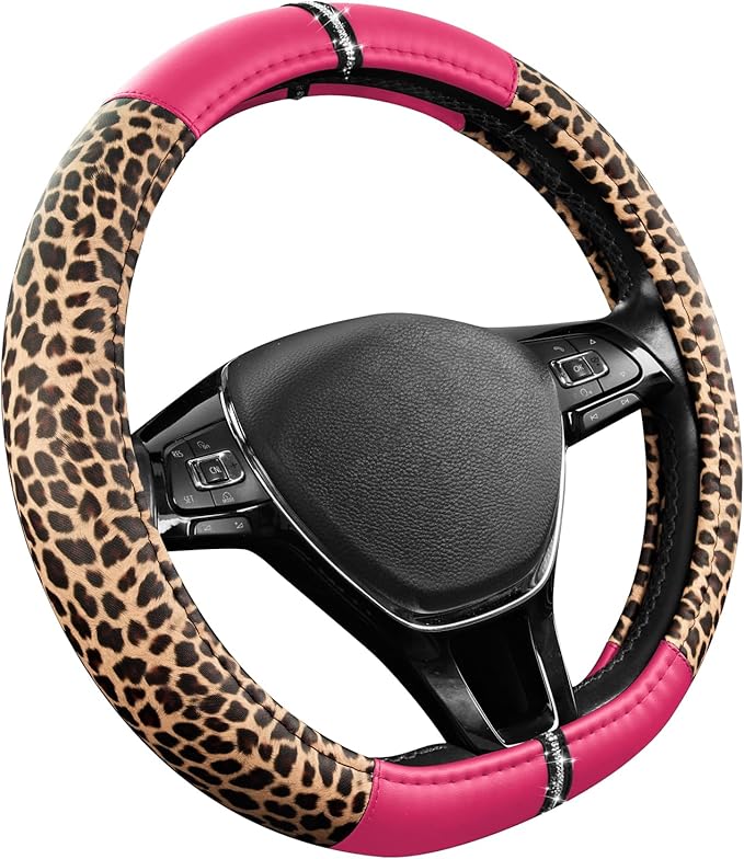 Road Comforts Leopard Steering Wheel Cover - Made with PVC Leather Cheetah Print, D-Shaped Automotive Steering Wheels - Anti-Slip, Universal Fit 14 1/2 inches to 15 inches - HotPink