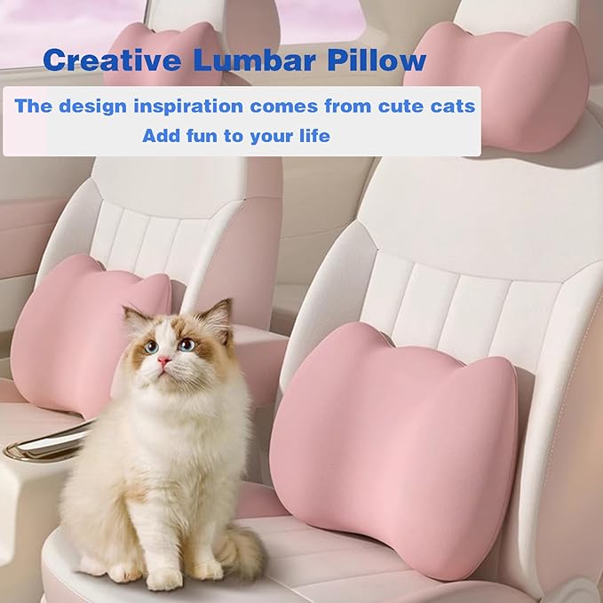 Lumbar Support Pillow for Car/Office Chair, Memory Foam Back Cushion for Car Seat, Lower Back Pillow Fits Most Cars, Trucks, with Adjustable Strap and Washable Cover, Back Pain Relief,Pink