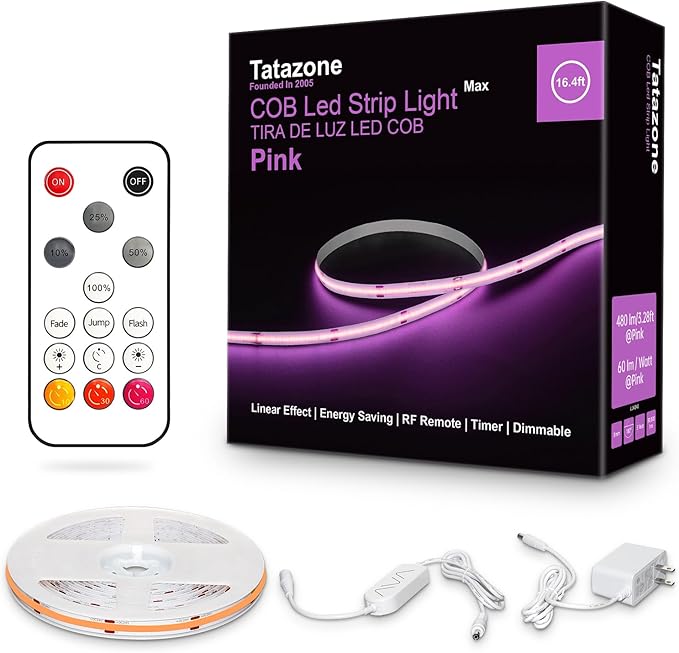 Tatazone 16.4ft Pink COB Led Strip Lights with RF Remote, Dimmable Bright Adhesive Indoor Led COB Light Strip for Cabinet, Painting, Room, Bed
