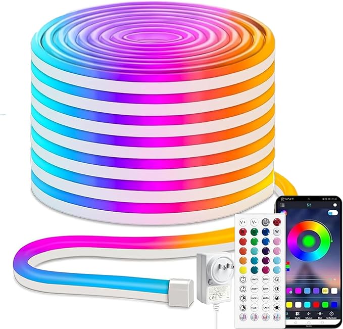 iNextStation 32.8FT RGB Neon LED Strip Lights, 24V Waterproof Silicone Rope Light, Music Sync, Color Changing, App & Remote Control, for Bedroom, Outdoor, Wall, Ceiling Decor