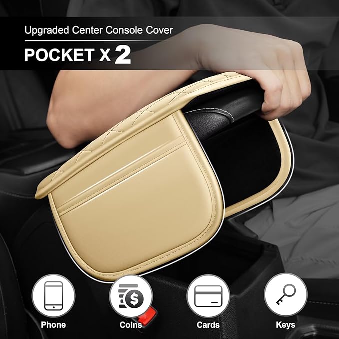 Upgraded Car Center Console Cover Fit for Avalon Faux Leather Car Armrest Cover Cushion with 2 Storage Bags,Car Armrest Storage Box Interior Accessories(Beige&Whiteline)
