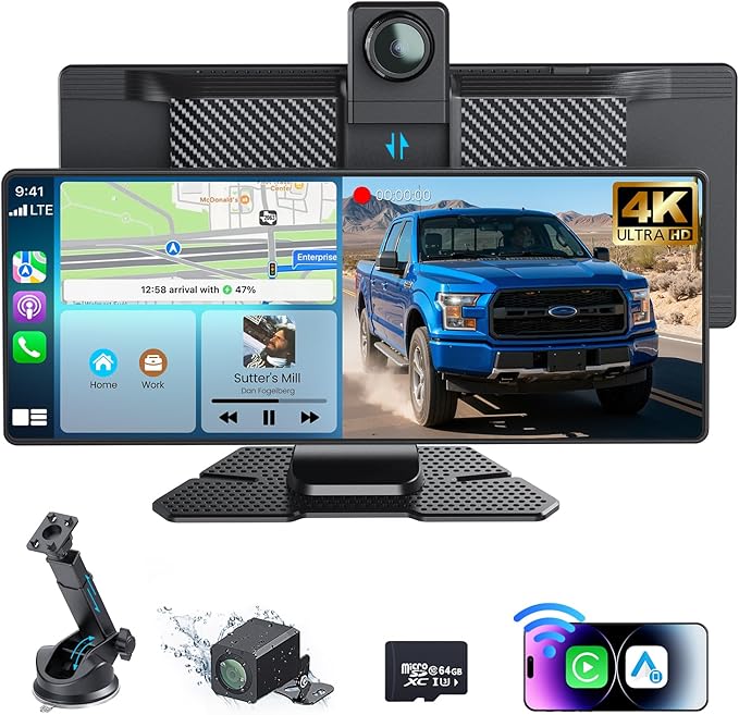 10.26" Portable Carplay Screen for Car, 4K HD Car Stereo Touch Screen with Apple CarPlay and Android Auto, 4K Dash Cam, 1080P Backup Camera, Mirror Link, Voice Control, Bluetooth, GPS, AUX/FM
