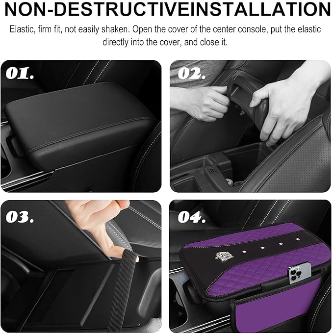 NBTEPEM Bling Crown Car Center Console Armrest Cover, Leather Middle Console Cover Cushion with 2 Storage Bags, Car Armrest Storage Box Interior Accessories for Most Vehicles(Purple)
